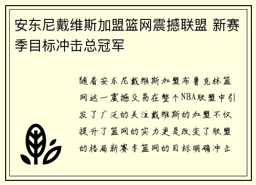 安东尼戴维斯加盟篮网震撼联盟 新赛季目标冲击总冠军